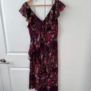 Leith Asymmetrical Dress in Burgundy and Pink Floral